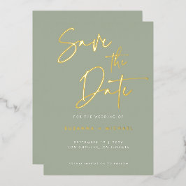 Moderne Sage Green Calligrafie Bruiloft Goud Folie Uitnodiging
