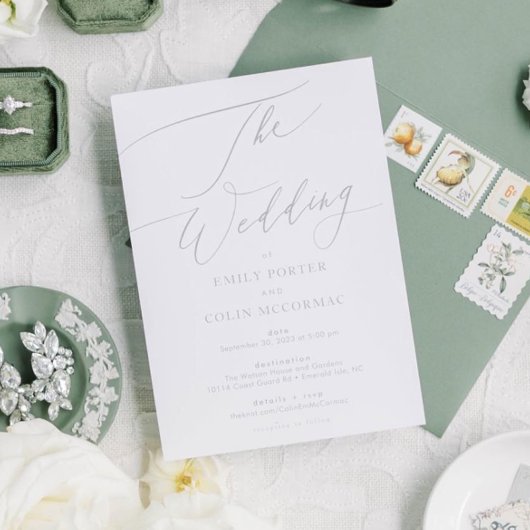 Moderne Sage Green Calligraphy Simple Wedding Kaart