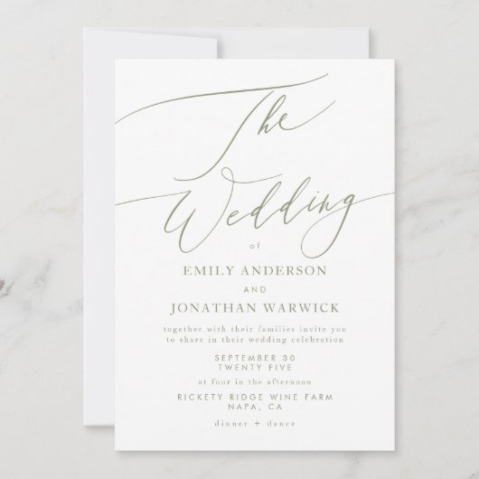 Moderne Sage Green Calligraphy Simple Wedding Kaart (Voorkant)