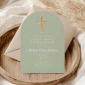 Moderne Sage Green Cross Eerste Communie boog Kaart