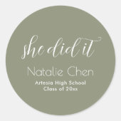 Moderne Sage Green Elegant Fonts Afstuderen Ronde Sticker (Voorkant)