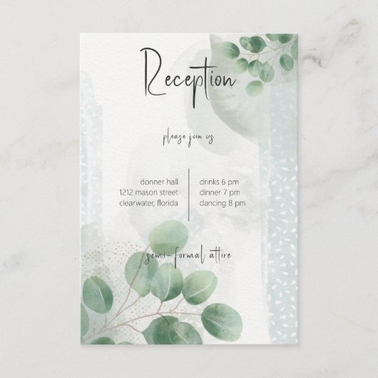 Moderne Sage Green Eucalyptus & Gold Reception Informatiekaartje (Voorkant)