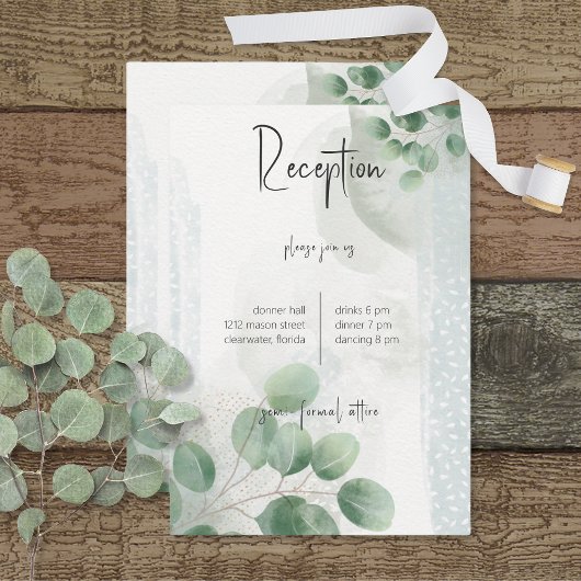 Moderne Sage Green Eucalyptus & Gold Reception Informatiekaartje