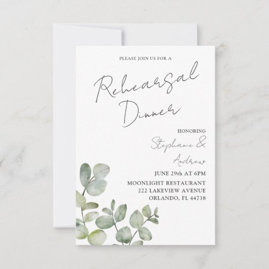 Moderne Sage Green Eucalyptus Rehearings Dinner in Kaart (Voorkant)
