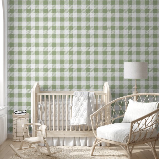 Moderne Sage Green Gingham-controles Behang (Kinderen)