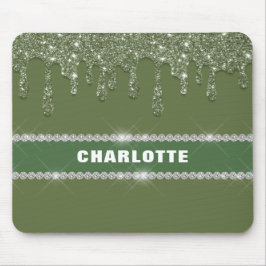 Moderne Sage Green Glitter Drip Mousserende Diaman Muismat