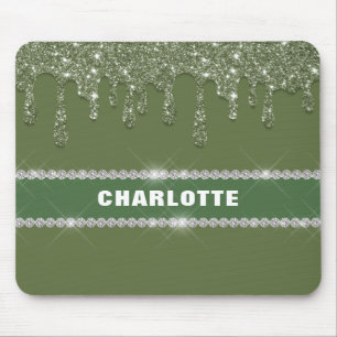 Moderne Sage Green Glitter Drip Mousserende Diaman Muismat
