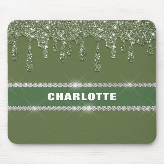 Moderne Sage Green Glitter Drip Mousserende Diaman Muismat (Voorkant)