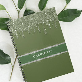 Moderne Sage Green Glitter Drip Mousserende Diaman Notitieboek