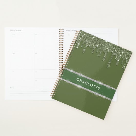 Moderne Sage Green Glitter Drip Mousserende Diaman Planner (Display)