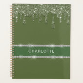 Moderne Sage Green Glitter Drip Mousserende Diaman Planner (Voorkant)
