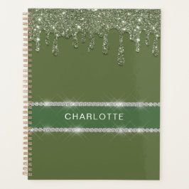 Moderne Sage Green Glitter Drip Mousserende Diaman Planner