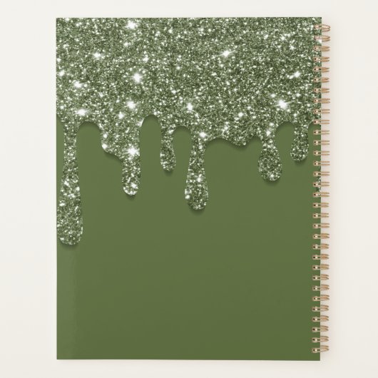 Moderne Sage Green Glitter Drip Mousserende Diaman Planner (Achterkant)