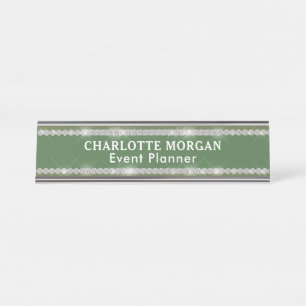 Moderne Sage Green Glitter Mousserende Diamant Bureau Naambordje