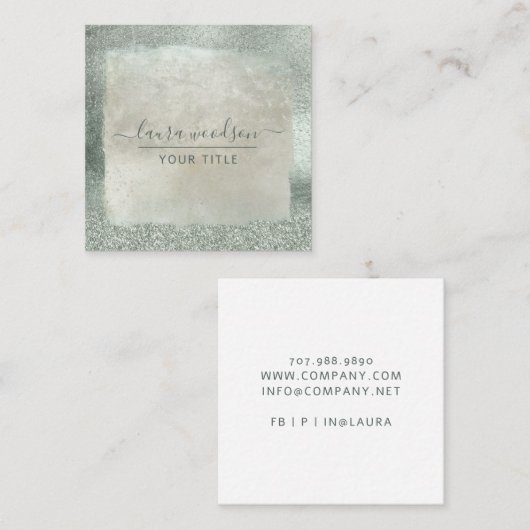 Moderne Sage Green Glitter Script Handtekening Vierkante Visitekaartje (Voorkant / Achterkant)