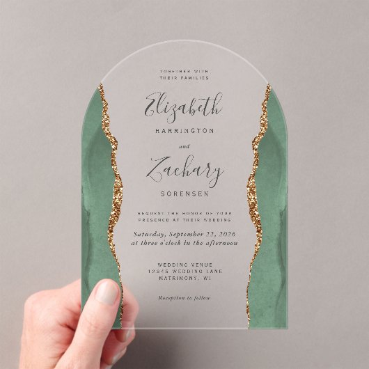 Moderne Sage Green Gold Agaat Wedding Arch Acryl Uitnodigingen (Insitu (Draagbaar))