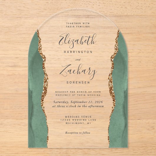 Moderne Sage Green Gold Agaat Wedding Arch Acryl Uitnodigingen (Voorkant)