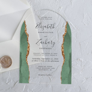 Moderne Sage Green Gold Agaat Wedding Arch Acryl Uitnodigingen