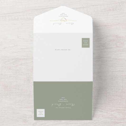 Moderne Sage Green Gold bruiloft All In One Uitnodiging (Buitenkant)