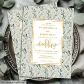 Moderne Sage Green Gold Foliage bruiloft uitnodigi Kaart