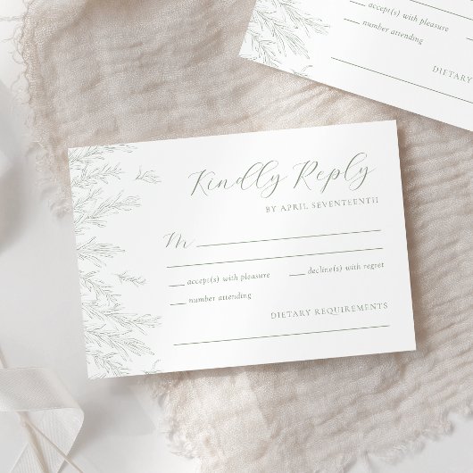 Moderne Sage Green Minimal Leaves Wedding RSVP Kaartje
