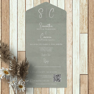 Moderne Sage Green Minimal Monogram QR Code All In One Uitnodiging