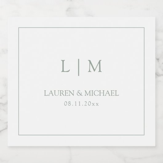 Moderne Sage Green Minimalistische Monogram Huweli Sparkling Wijnetiket (Enkel label)