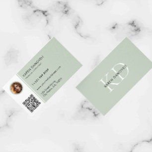 Moderne Sage-Green Monogram Aangepaste Foto Visitekaartje