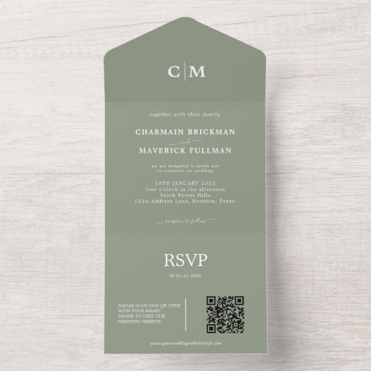 Moderne Sage Green Monogram QR Code RSVP Weddensch All In One Uitnodiging (Binnen)