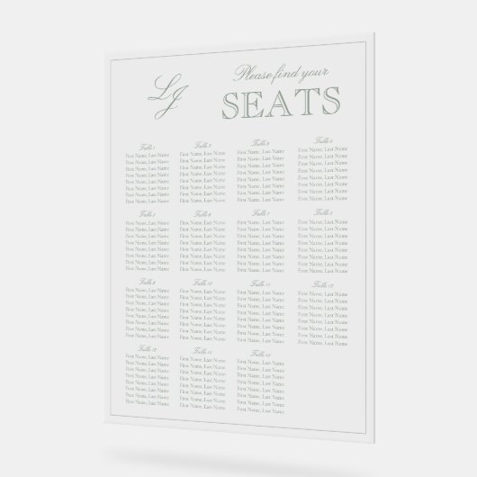 Moderne Sage Green Monogram Script Trouwstoel Acryl Bord (Hoek)