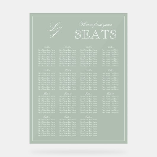 Moderne Sage Green Monogram Script Trouwstoel Acryl Bord (Voorkant)