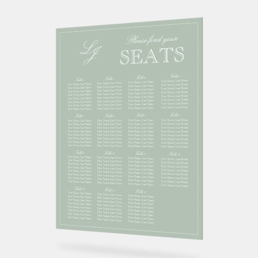 Moderne Sage Green Monogram Script Trouwstoel Acryl Bord (Hoek)