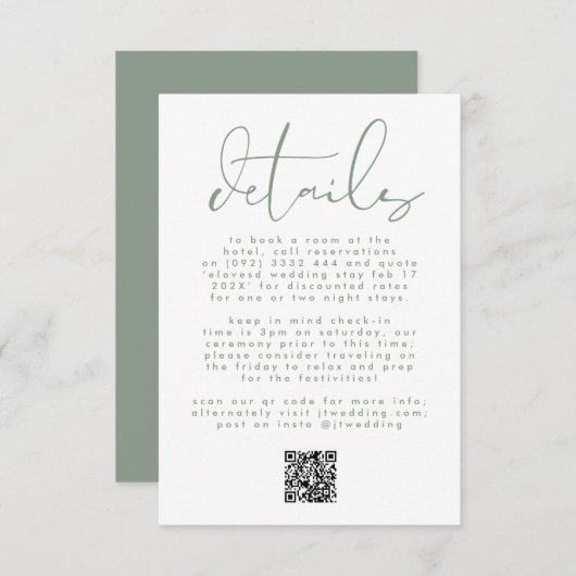 Moderne Sage Green Neutral Text Wedding QR CODE Informatiekaartje (Voorkant / Achterkant)