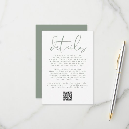 Moderne Sage Green Neutral Text Wedding QR CODE RSVP Kaartje (Voorkant / Achterkant in situ)