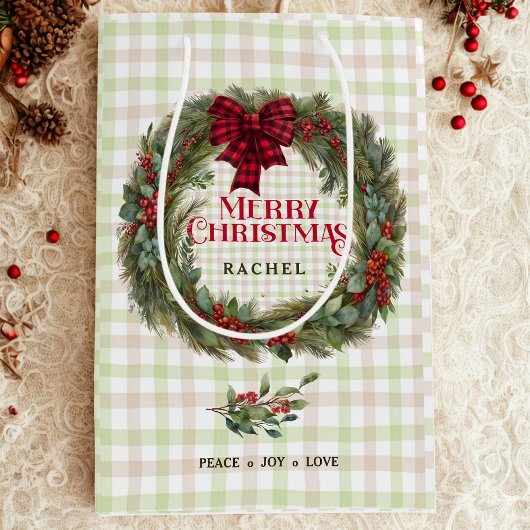 Moderne Sage Green Plaid Boerderij Kerstkrans Medium Cadeauzakje