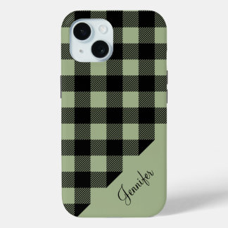 Moderne Sage Green Plaid Controleer Patroonnaam iPhone 15 Case
