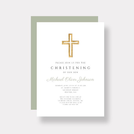 Moderne Sage Green Religious Cross Christening Kaart