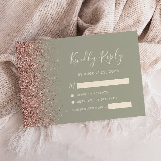 Moderne Sage Green Roos Gold Glitter Edge RSVP-kaa RSVP Kaartje