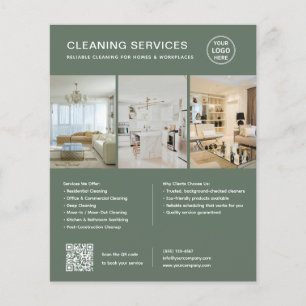 Moderne Sage Green Schoonmaakdiensten QR Zakelijk Flyer