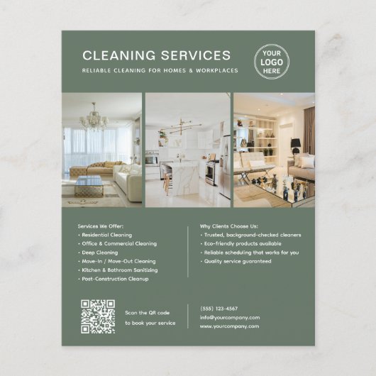 Moderne Sage Green Schoonmaakdiensten QR Zakelijk Flyer (Voorkant)