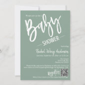 Moderne Sage Green Script Baby shower QR Code Foto Kaart (Voorkant)
