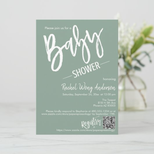 Moderne Sage Green Script Baby shower QR Code Foto Kaart (Staand voorkant)