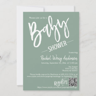 Moderne Sage Green Script Baby shower QR Code Foto Kaart