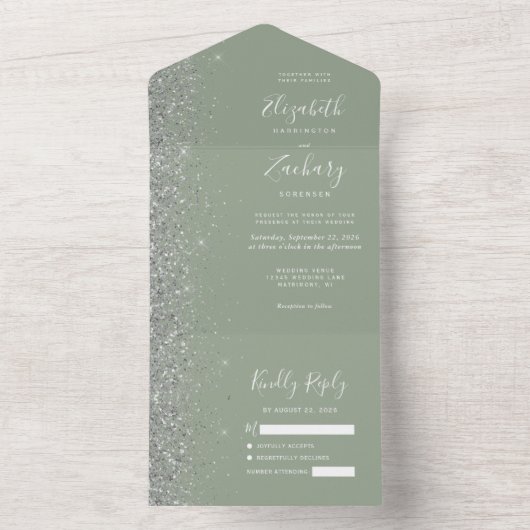 Moderne Sage Green Silver Glitter bruiloft All In One Uitnodiging (Binnen)