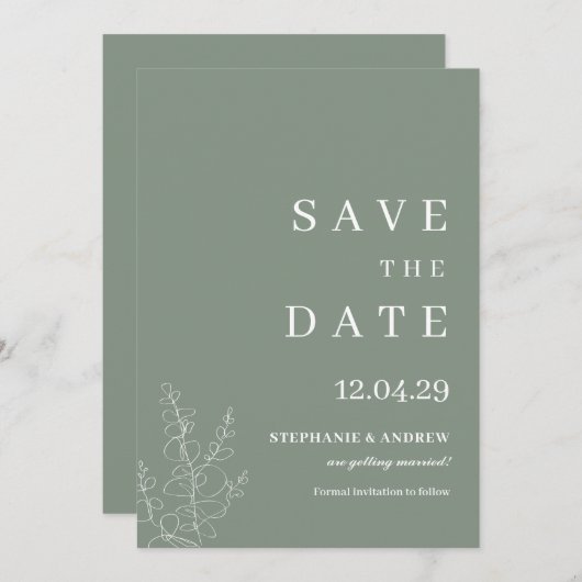 Moderne Sage Green Wedding Minimalist Save the Dat Kaart (Voorkant / Achterkant)