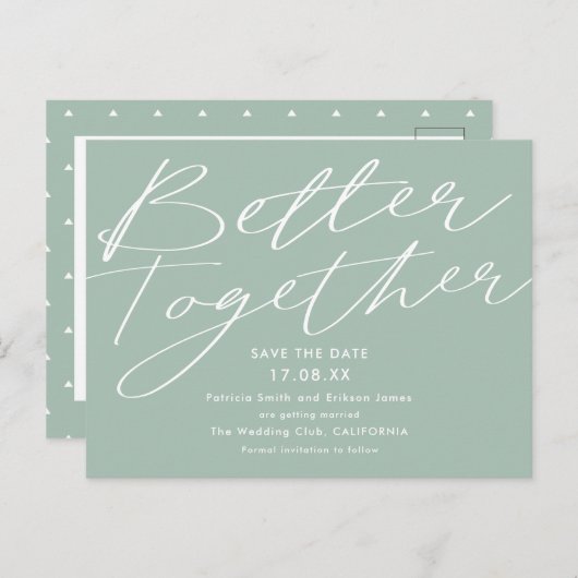 Moderne sage groen beter samen sparen de datum briefkaart (Voorkant / Achterkant)