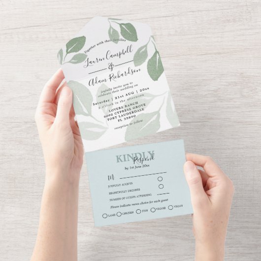 Moderne Sage Groen Bladerdak Waterverf Bruiloft All In One Uitnodiging (Afscheurbaar)