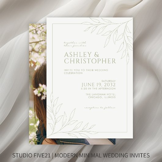 Moderne Sage Groen Bladgroen Omtrek Foto Bruiloft Kaart