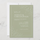 Moderne Sage Groen Bladgroen Omtrek Foto Bruiloft Kaart (Voorkant)