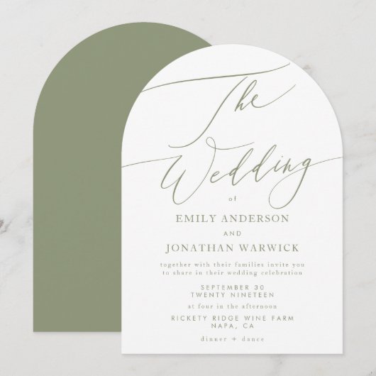 Moderne Sage Groen en Wit Eenvoudige Boog Huwelijk Kaart (Voorkant / Achterkant)